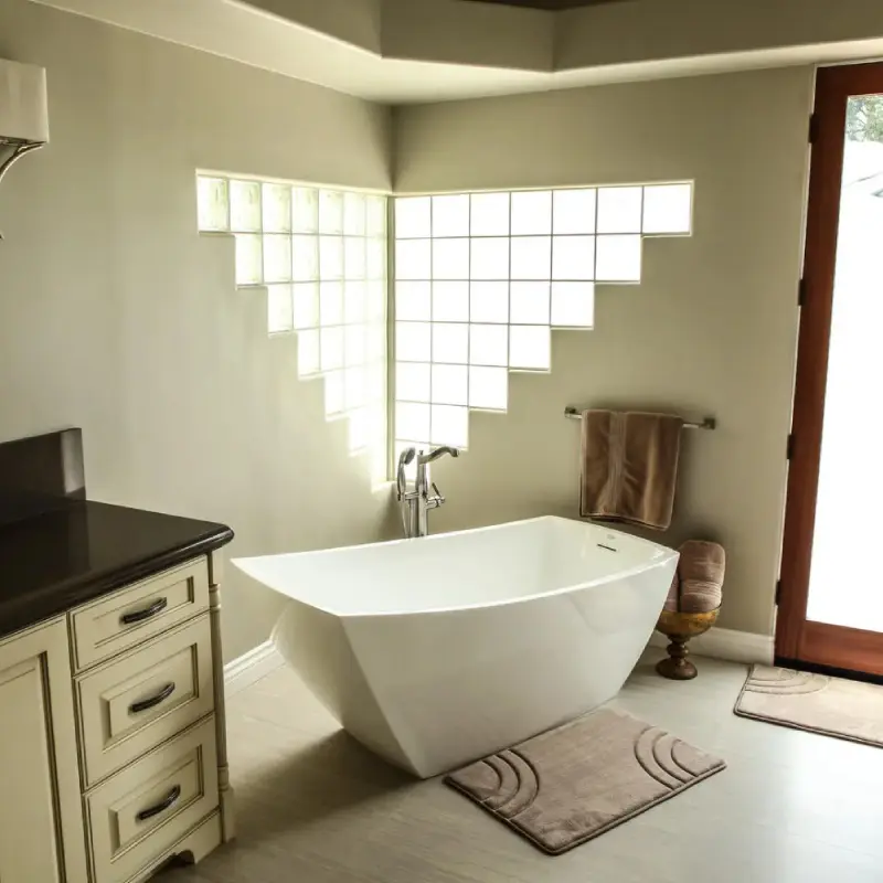 A bathroom with a large tub and sink.